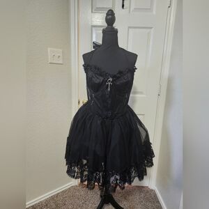 Widow Gothic Black Lace Fluffy Tulle Mini Dress 2x